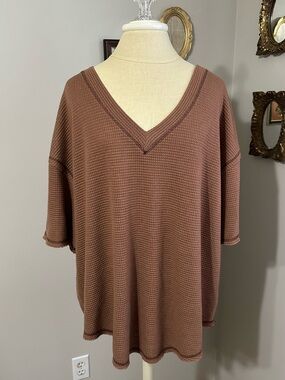 Pink Lily Mauve-Brown Waffle V-Neck Top